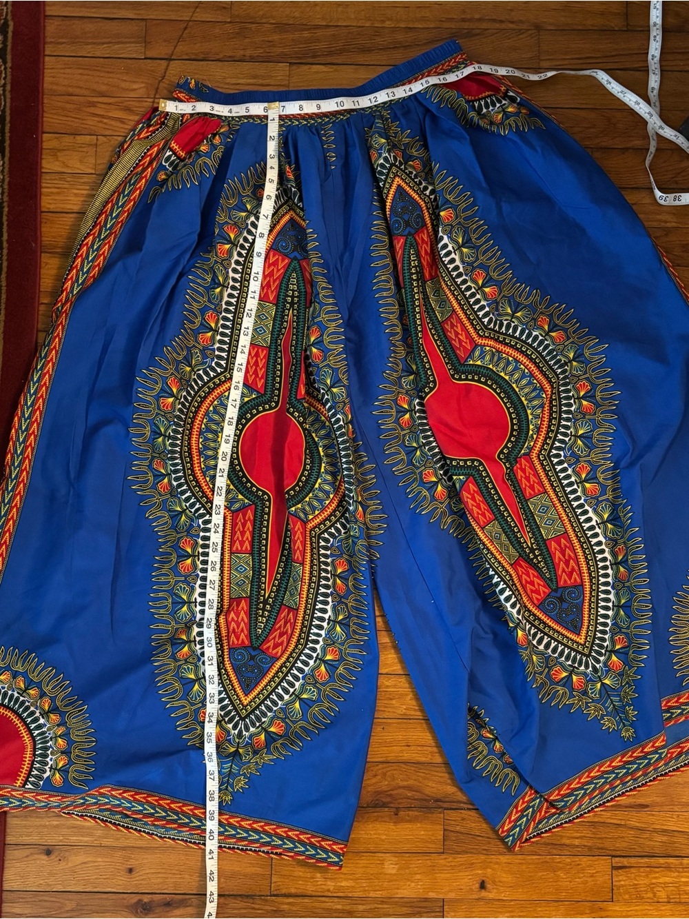Blue African Print Palazzo Pants with Red & Multicolor Pattern